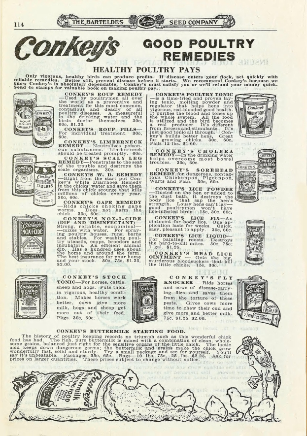 Schwarz-weiß-Anzeige für Conkey's Good Poultry Remedies mit Text und Abbildungen von Lebensmitteln.