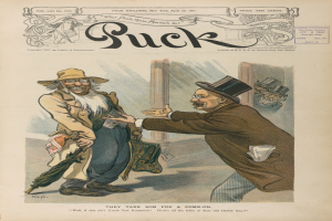 Eine politische Karikatur in einer alten Zeitung, die einen Mann mit Zylinder und eine Frau in einem Kleid zeigt, die beide besorgt wirken und auf einem Papier mit Wörtern und Zahlen stehen.