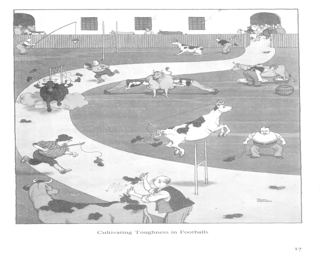 Schwarze und weiße Zeichnung von Menschen und Tieren auf einem Feld mit einer Wand und Fenstern im Hintergrund, mit dem Text "Zähigkeit im Fußball kultivieren" unten.