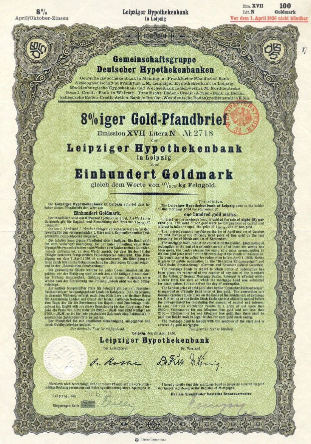 Eine grüne Aktie der Leipzig Hypothekbank mit gedrucktem Text und einem Stempel.