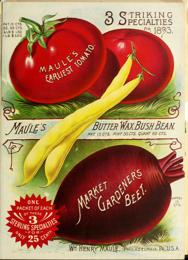 Ein Vintage-Plakat mit einer bunten Anordnung von Gemüse wie Tomaten und Rüben, mit der Überschrift "Marktgärtner's Beet" in fetter Schrift oben.