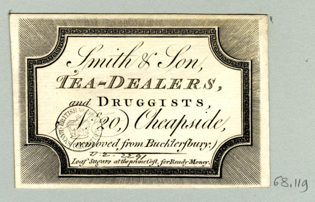 Schwarz-weißes Bild eines Dokuments mit der Aufschrift "Smith & Son Tea Dealers, and Drugists, 20 Cheapside".