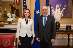 Ein Mann mit Brille und Anzug und eine Frau in einem weißen und schwarzen Kleid stehen Seite an Seite vor Flaggen, die ein Abkommen zwischen der Europäischen Union und den Vereinigten Staaten symbolisieren. Links von ihnen steht ein Stuhl, und im Hintergrund sind Statuen, eine Uhr, ein Kerzenständer mit Kerzen und ein gerahmtes Objekt an der Wand zu sehen.