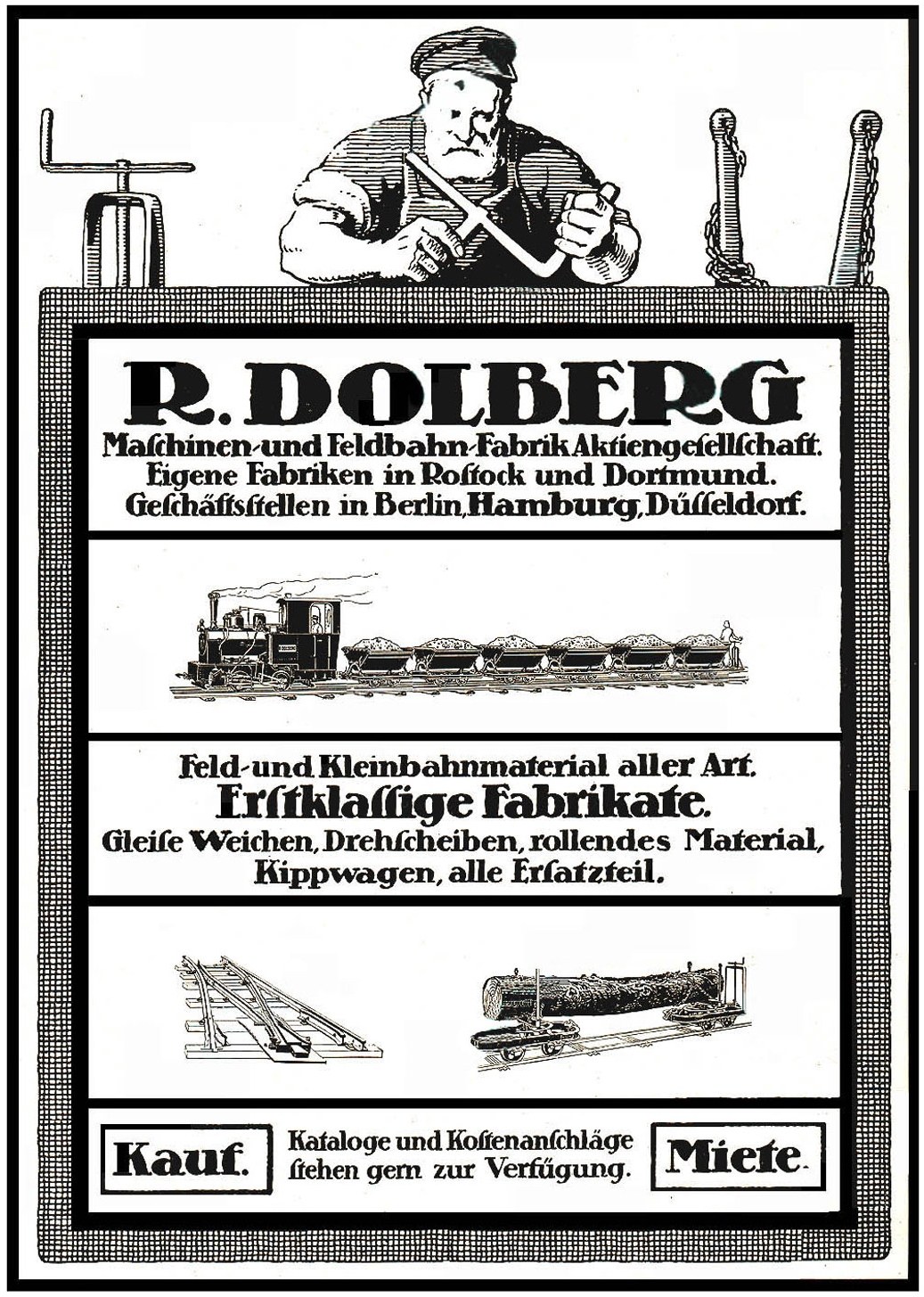 Werbung für die Fabrik von R.D. Dolberg in Hamburg, Deutschland, mit einem Plakat mit Text und Abbildungen einer Person, eines Zugs und anderer Gegenstände
