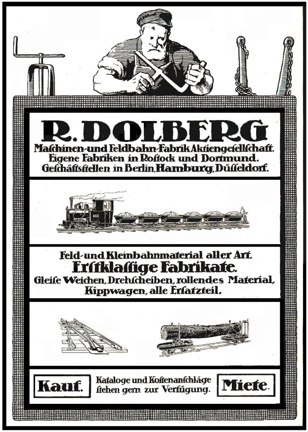 Werbung für die Fabrik von R.D. Dolberg in Hamburg, Deutschland, mit einem Plakat mit Text und Abbildungen einer Person, eines Zugs und anderer Gegenstände