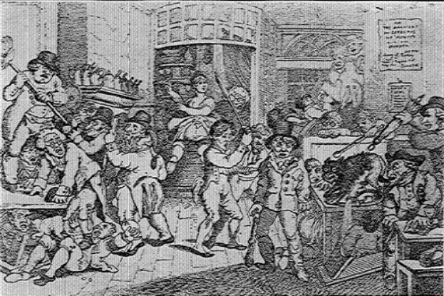 Eine Schwarz-Weiß-Zeichnung einer Gruppe von betroffenen Menschen in einem Raum, einige halten Gegenstände, mit einem Plakat an der Wand und dem Text "Der Tod des verlorenen Sohns" unten.