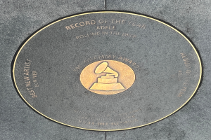 Ein schwarzer und goldener 'Platte des Jahres'-Award auf dem Hollywood Walk of Fame mit eingravierter Schrift.