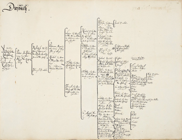 Offenes Buch mit handgeschriebener genealogischer Familiengeschichte, die die Abstammung einer deutschen Familie zeigt.
