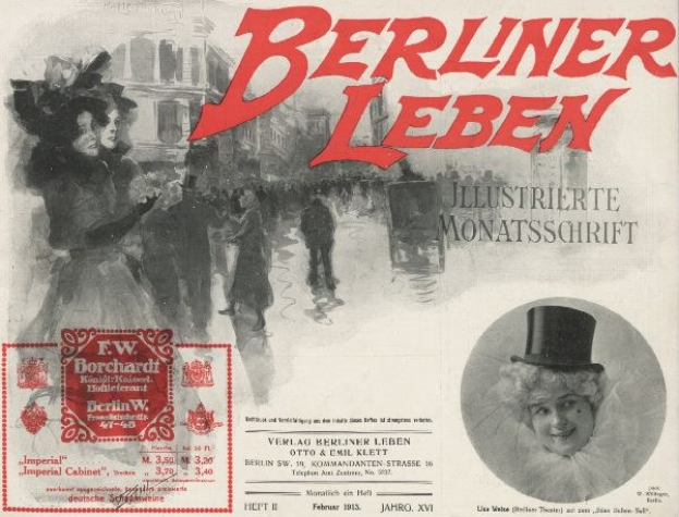 Werbeplakat für das Berliner Leben Theater, das eine Frau in einem Zylinder und einen Mann im Anzug zeigt, mit Text, einem Stempel, Hintergrundgebäuden und einigen Menschen.