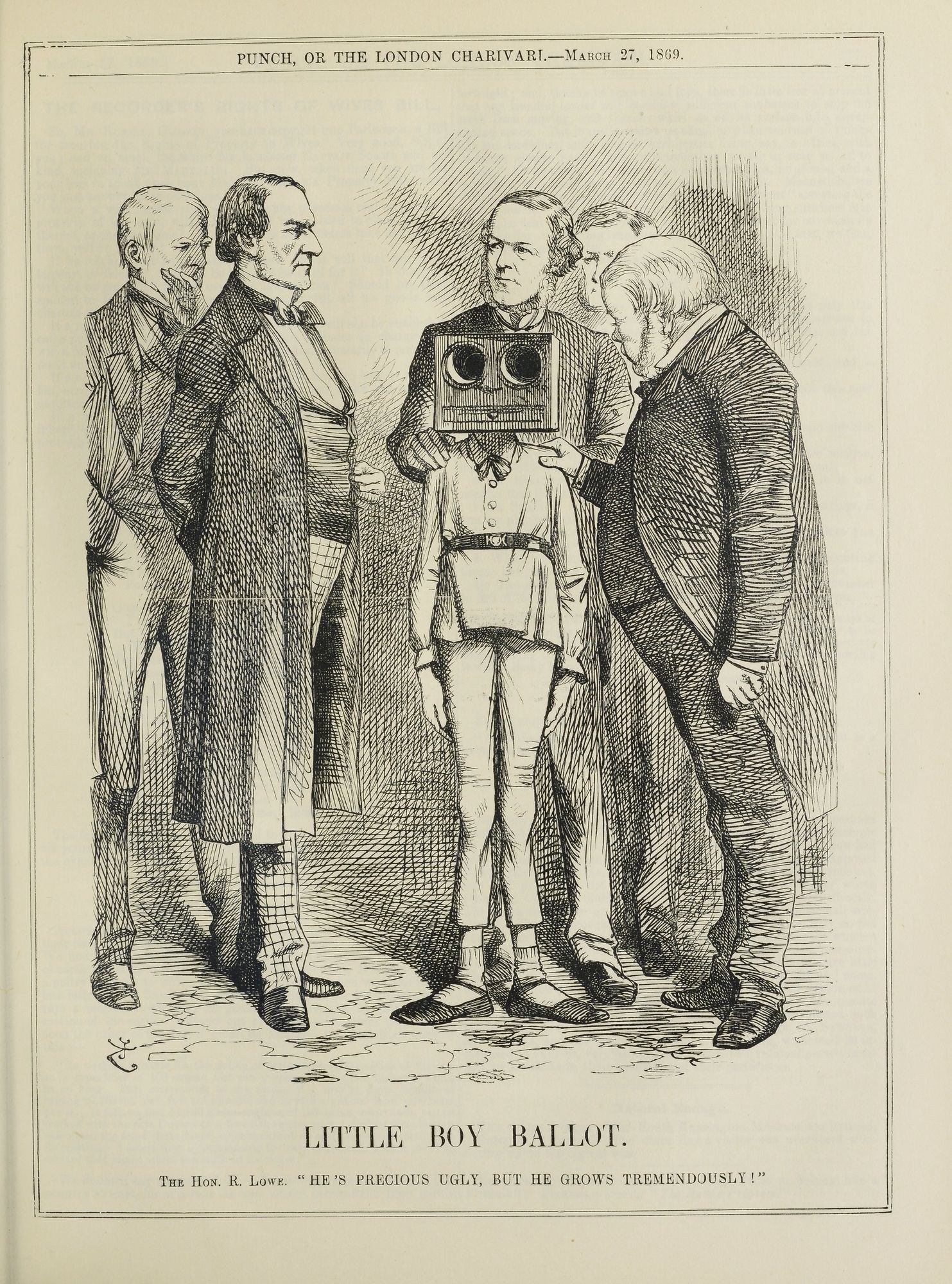 Zeichnung eines kleinen Jungen mit einer Kamera in der Mitte, umgeben von einer Gruppe von Menschen, mit dem Text 'Kleiner-Junge-Stimme' unten.