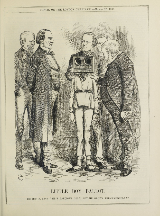 Zeichnung eines kleinen Jungen mit einer Kamera in der Mitte, umgeben von einer Gruppe von Menschen, mit dem Text 'Kleiner-Junge-Stimme' unten.