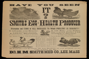 Ein Plakat mit Bildern von Hennen und dem Text "Hast du es gesehen? Smith's Egg Health Producer".