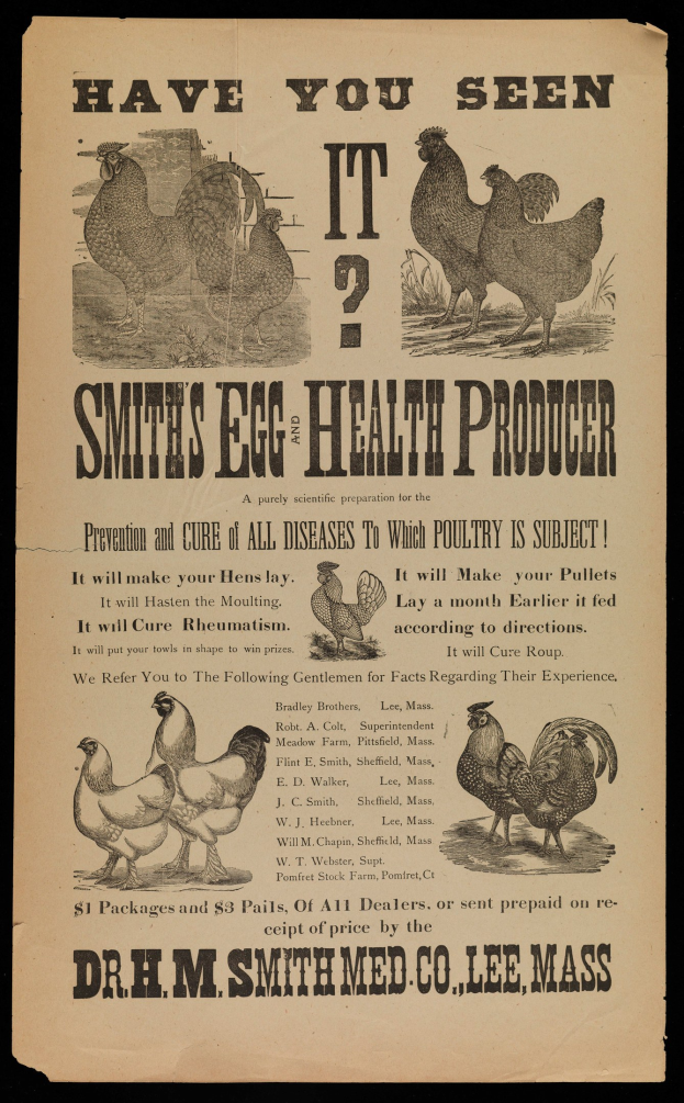 Ein Plakat mit Bildern von Hennen und dem Text "Hast du es gesehen? Smith's Egg Health Producer".