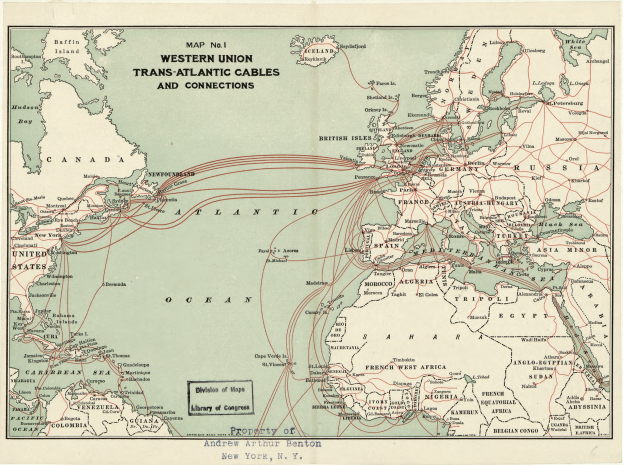 Ein detaillierter Plan der Western Union Transatlantischen Kabel und Verbindungen, der die Routen und interessanten Punkte zwischen Ländern hervorhebt, mit fetter Schrift, die die Verbindungen betont.