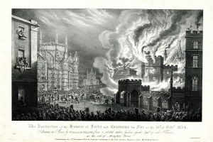 Schwarz-weiß-Illustration einer Stadtstraße mit brennenden und rauchenden Gebäuden, Menschen mit Karren und dem Himmel im Hintergrund, betitelt "Die Zerstörung des Houses of Lords und Commons durch Feuer am 16. Oktober 1834".