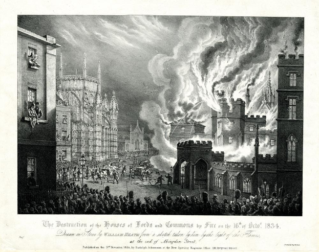 Schwarz-weiß-Illustration einer Stadtstraße mit brennenden und rauchenden Gebäuden, Menschen mit Karren und dem Himmel im Hintergrund, betitelt "Die Zerstörung des Houses of Lords und Commons durch Feuer am 16. Oktober 1834".