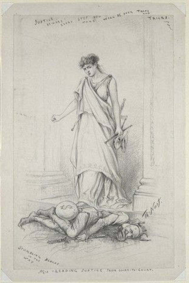 Eine Frau in einem langen Kleid steht neben einem Mann, der auf dem Boden liegt, sein Kopf ruht auf seinen Händen; der Text lautet "Die führende Richterin des Kreisgerichts".