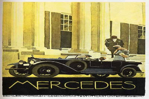 Vintage-Mercedes-Benz-Plakat aus den 1920er Jahren mit einem klassischen Auto vor einem modernen Gl├Ąserbau, mit zwei Personen im Auto und fetter schwarzer Schrift, die unten 'Mercedes-Benz' liest.