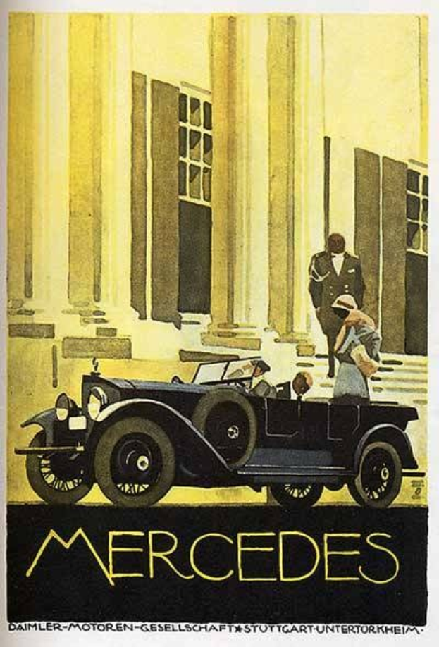 Vintage-Mercedes-Benz-Plakat aus den 1920er Jahren mit einem klassischen Auto vor einem modernen Gl├Ąserbau, mit zwei Personen im Auto und fetter schwarzer Schrift, die unten 'Mercedes-Benz' liest.