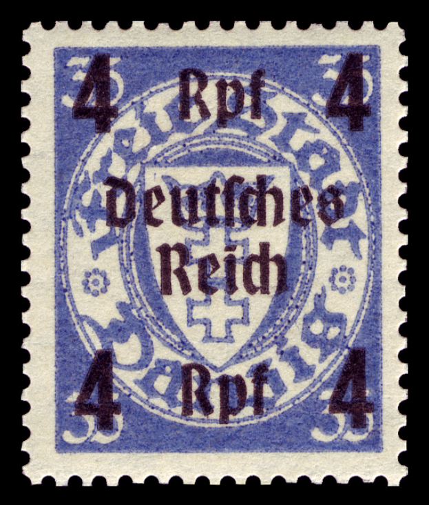 Ein blauer und weißer Stempel mit den Worten "Deutsches Reich" darauf vor einem schwarzen Hintergrund.