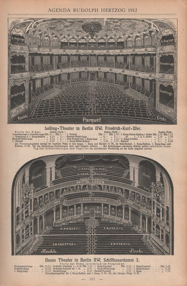 Schwarz-weiß-Illustration einer alten Buchseite mit einer großen Auditoriumszeichnung in Berlin, Deutschland, aus dem Jahr 1912, zusammen mit Text, der das Layout beschreibt.