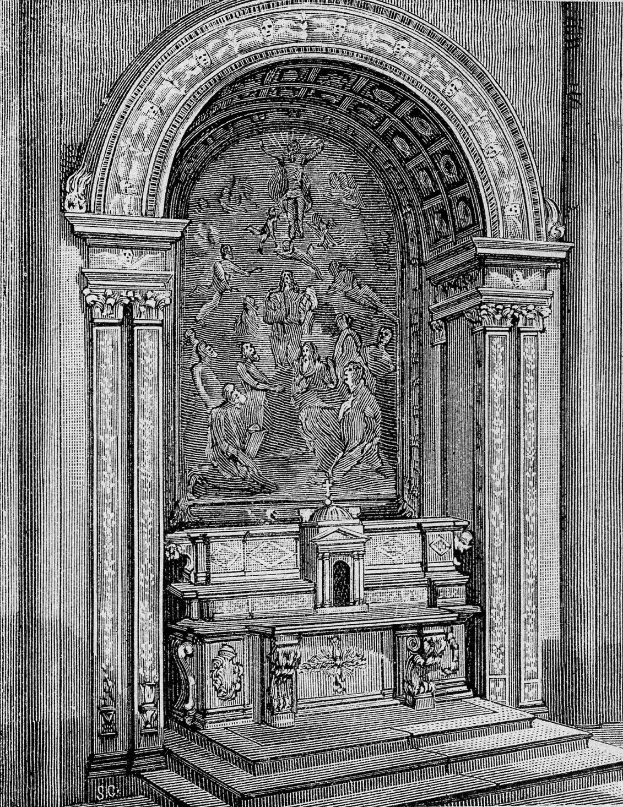 Eine Schwarz-Weiß-Radierung eines Kircheninneren mit Säulen, Stufen und einer Wandskulptur, betitelt "Taufe Christi".