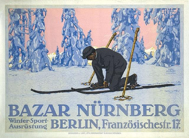 Ein Plakat f├╝r das Bazar N├╝rnberg Winter Sport Event in Berlin, Deutschland, das eine Person auf Skiern mit Skist├Âcken, Tannenb├╝mchen im Hintergrund und Text, der das Event beschreibt, zeigt.