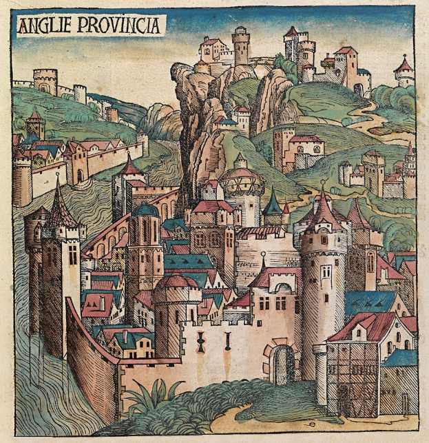 Mittelalterliche Stadtgravur mit einem Hühgelburgschloss, umgeben von Gebäuden, Bäumen und Himmel, mit Text oben.