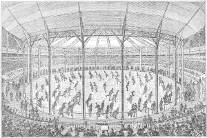 Ein altes Schwarz-Weiß-Bild einer großen Arena voller Zuschauer, das ein Eishockeyspiel während der Olympischen Spiele in London, England, zeigt.