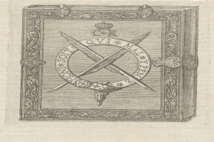 Offenes Buch mit einem masonischen Symbol, das zwei gekreuzte Schwerter und eine Krone auf dem Cover zeigt, mit einer Textseite.