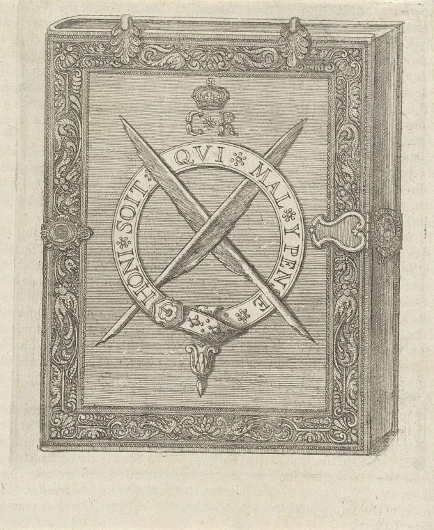 Offenes Buch mit einem masonischen Symbol, das zwei gekreuzte Schwerter und eine Krone auf dem Cover zeigt, mit einer Textseite.