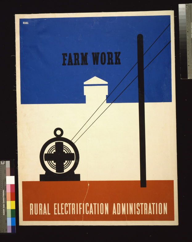 Plakat mit fetter schwarzer Schrift "Landwirtschaftliche Arbeit Elektrische Energie" auf weißem Hintergrund, umrandet von einem schmalen schwarzen Rahmen, mit einer Grafik eines Hofes mit einem Traktor und einem Stall.