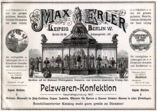 Schwarz-weißer Werbeplakat für Max Erler Leipzig in Berlin, Deutschland, zeigt eine Gruppe von Menschen vor einem Gebäude mit Text, der ein Ereignis ankündigt.