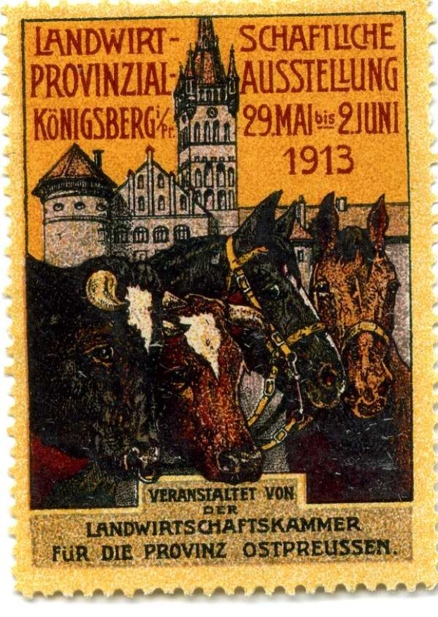 Deutsche Briefmarke aus dem Jahr circa 1913 mit drei Kühen und einem Schloss, auf dem der Text 'Landwirtschaftskammer' gedruckt ist.