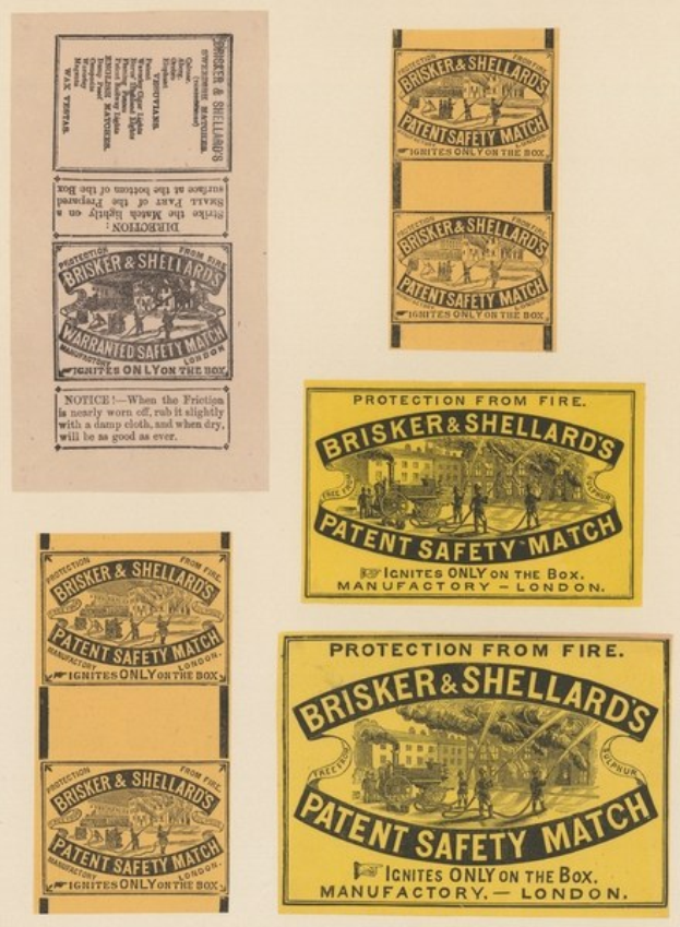Papier mit mehreren kleineren angehefteten Papieren, jedes trägt den Text "Brisker & Shellard's Patent Safety Match".