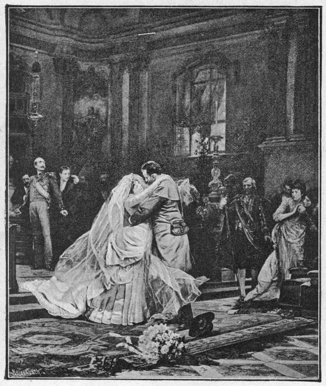 Schwarz-weiß-Foto einer Braut und eines Bräutigams, die sich vor einer Menge küssen, mit einem Blumenstrauß auf dem Boden und einer Fensterwand im Hintergrund, mit Text unten.