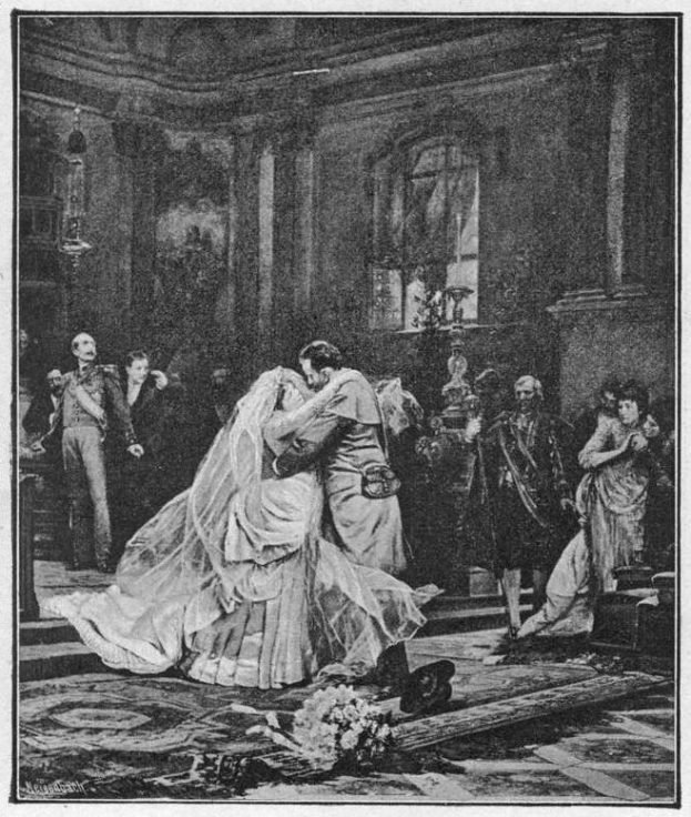 Schwarz-weiß-Foto einer Braut und eines Bräutigams, die sich vor einer Menge küssen, mit einem Blumenstrauß auf dem Boden und einer Fensterwand im Hintergrund, mit Text unten.