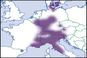 Eine Europakarte mit schwarzem Rand oben und unten und einem violetten Bereich in der Mitte, der das Ausmaß der Europäischen Union anzeigt.