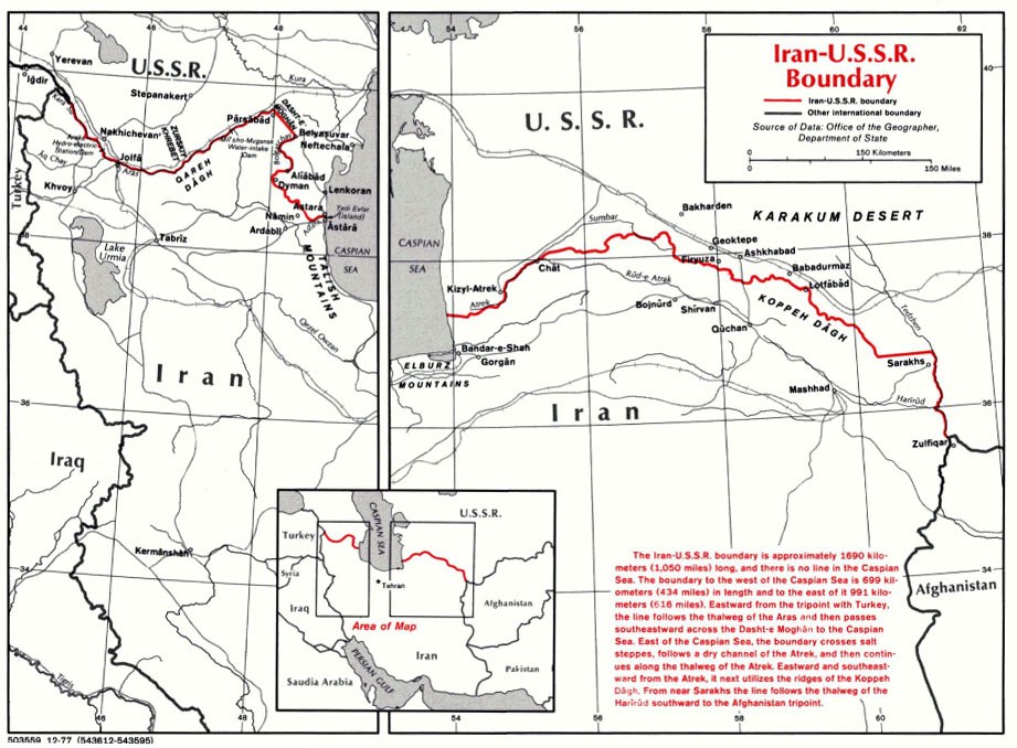 Detailierte Landkarte des iranisch-sowjetischen Grenzverlaufs, mit geografischen Merkmalen und Landesgrenzen sowie erklärendem Text.