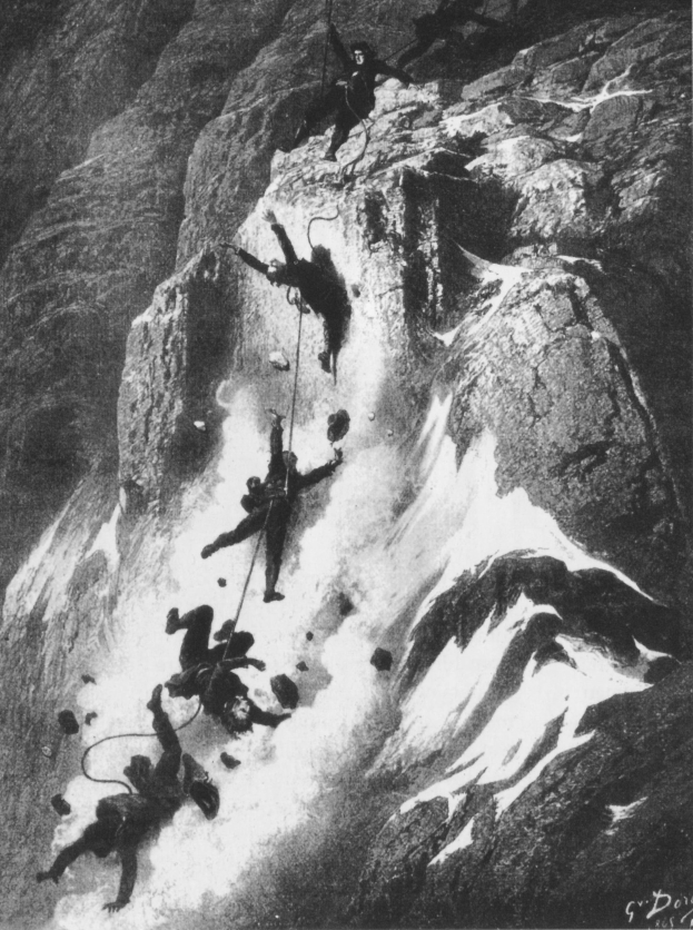 Schwarzes und weißes Bild einer Gruppe von Menschen, die einen Berg mit Seilen erklimmen, vor schneebedeckten Gipfeln.