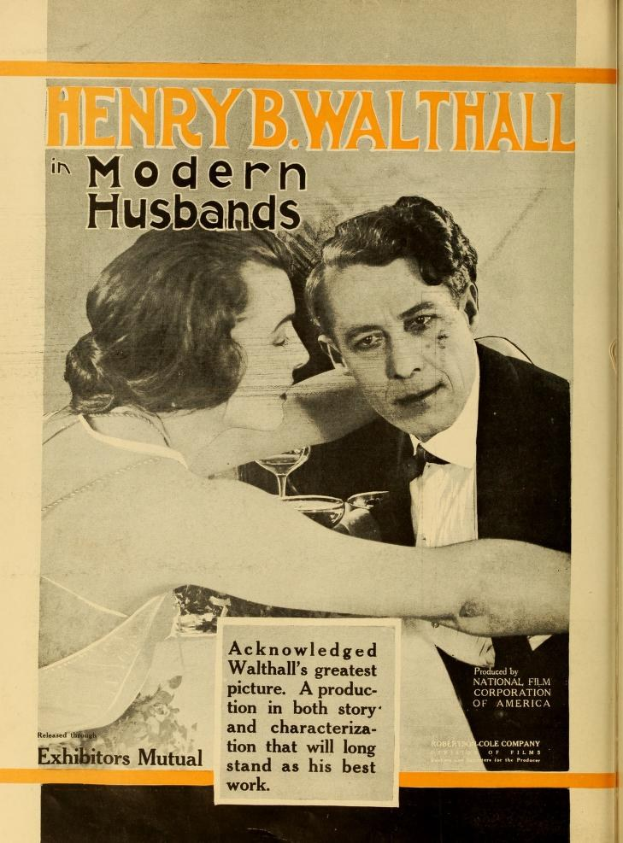 Buchumschlag mit einem Mann und einer Frau in inniger Umarmung und dem Titel 'Henry B. Walthall in Modern Husbands' darunter.