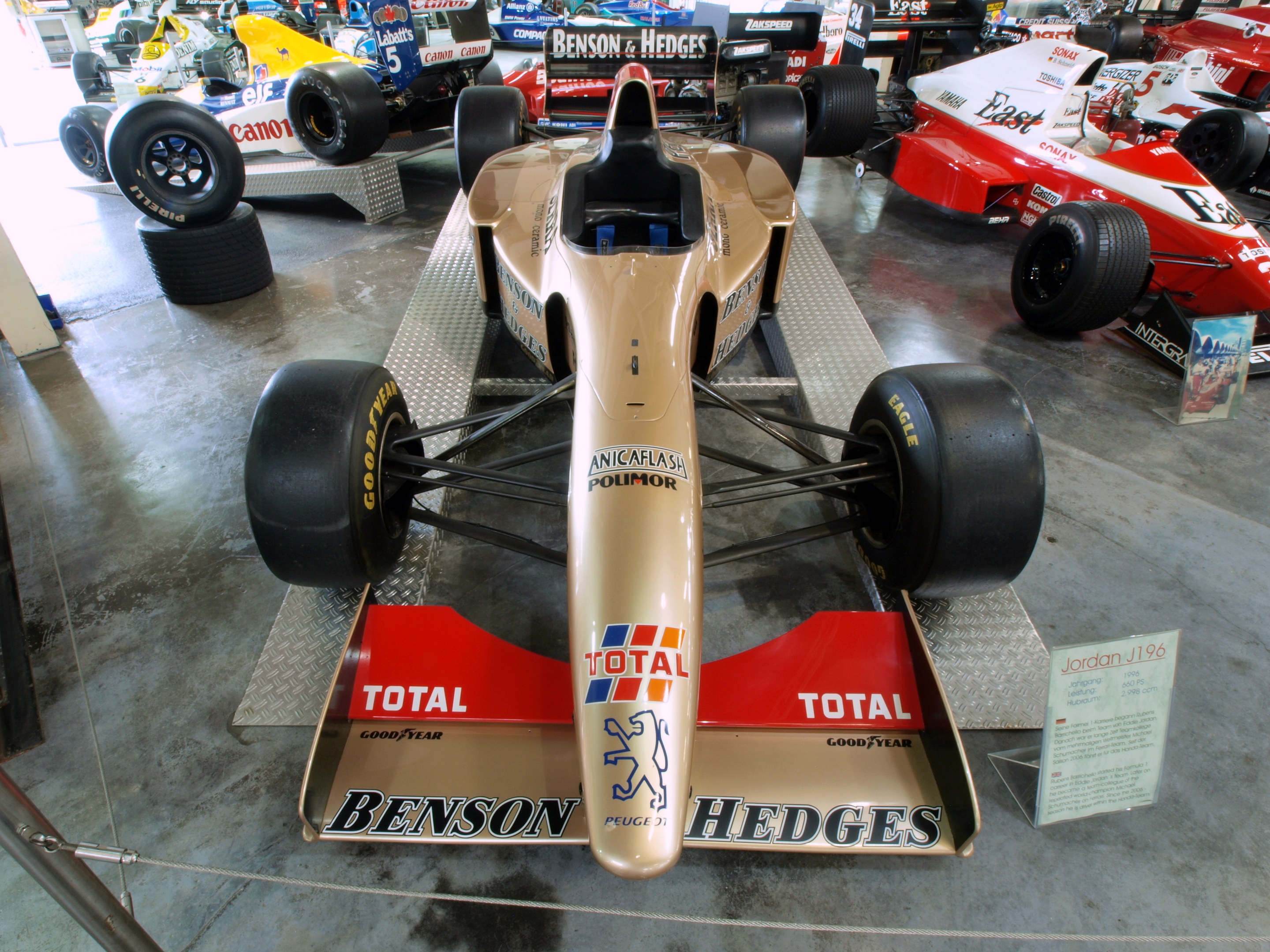 Rennwagen in einem Motorsportmuseum zu sehen, durch einen Metallzaun von Zuschauern getrennt.