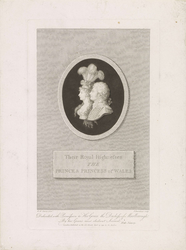 Schwarzes und weißes Bild einer Zeitung mit einem Foto des Prinzen und der Prinzessin von Wales mit Text darunter.