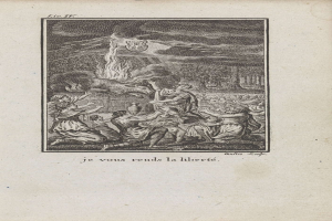 Ein aufgeschlagenes Buch zeigt eine Zeichnung von besorgten Menschen, die sich um ein helles Feuer versammelt haben, mit der fett geschriebenen Text "Je vous rends la liberté" darüber.