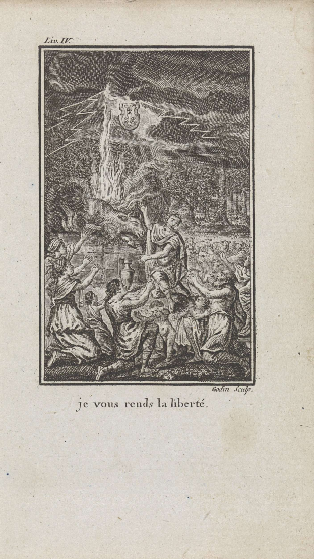 Ein aufgeschlagenes Buch zeigt eine Zeichnung von besorgten Menschen, die sich um ein helles Feuer versammelt haben, mit der fett geschriebenen Text "Je vous rends la liberté" darüber.