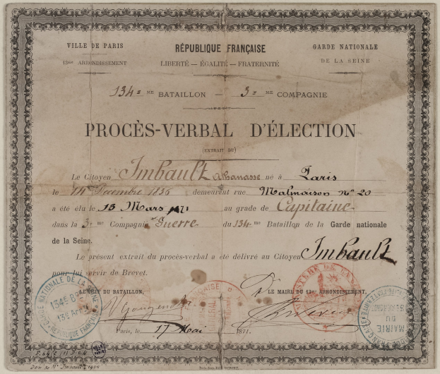 Alter Dokument mit zwei Stempeln, der wie ein handgeschriebener Wahlschein aussieht.