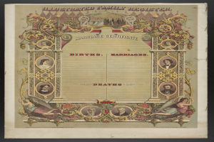 Illustrierter Familienbuch-Eintrag Heiratsurkunde mit schwarzem Hintergrund, mit Bildern von Menschen und Text "Geburten, Hochzeiten, Tode."