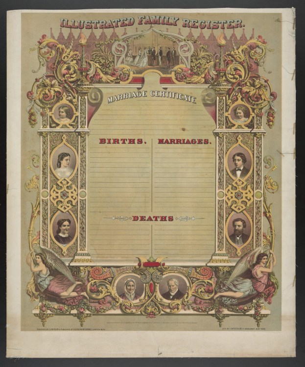 Illustrierter Familienbuch-Eintrag Heiratsurkunde mit schwarzem Hintergrund, mit Bildern von Menschen und Text "Geburten, Hochzeiten, Tode."