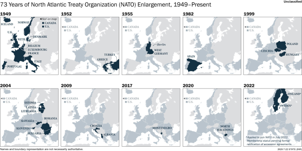 Eine Zeitleiste, die die Erweiterung der NATO von 1949 bis heute zeigt, wobei die Regionen farblich nach dem Jahr der Mitgliedschaft unterteilt sind.