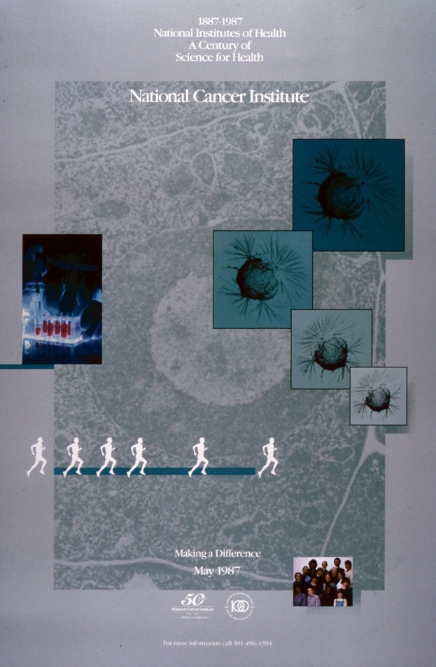 Buntes Plakat mit einem blauen Hintergrund und weißer Schrift, die "National Cancer Institute" in fetten, großen Buchstaben lesen, umgeben von überlappenden Kreisbildern von lachenden Menschen verschiedenen Alters, Geschlechts und Ethnien.